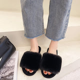 Women's Casual Slide Open Toe Slippers Flat Fuzzy Fluffy Fur Slip On House Shoes