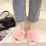 Women's Casual Slide Open Toe Slippers Flat Fuzzy Fluffy Fur Slip On House Shoes