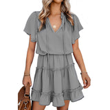 Women Solid Color Ruffle Edge Design Mini Dress Short Sleeve Casual V Neck Dress
