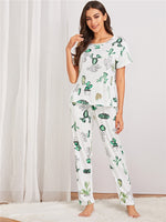 Women Short Sleeve Tops+Pants Round Neck Loungewear Sleepwear Outfit Graphic Print Pajama Set