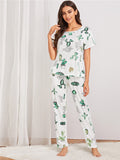 Women Short Sleeve Tops+Pants Round Neck Loungewear Sleepwear Outfit Graphic Print Pajama Set
