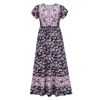Lumento Women Floral Print Dress Summer V Neck Boho Dress Short Sleeve Long Maxi Dress