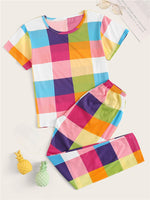 Women Short Sleeve Tops+Pants Round Neck Loungewear Sleepwear Outfit Graphic Print Pajama Set
