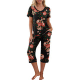 Women Floral Pajama Set Sleepwear Tops with Capri Pants Outfits Ladies Summer Comfy Sleep Nightshirt PJS Set