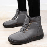 Women's Solid Color Closed Round Toe Ankle Boots Flat Heels Lace Up Winter Warm