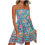 Sleeveless Strapless Off Shoulder A-line Dress Swing Hem Loose Fit Floral Printed T Shirt Dresses