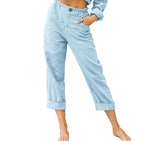 Ladies Loose Fit Solid Color Pants Womens Comfy Trousers Pocket Yoga Elastic Waist Casual Straight