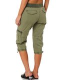 Women With Pockets Capri Pants Comfy Bottoms Loose Fit Casual Cropped Trousers Drawstring Elastic Waist Straight Leg Cargo Pant