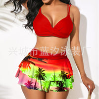 XS-XXL Women's Two Piece Swimsuit Bikini Set Summer Coconut Tree Prints Swimwear High Waist Tankini Double Suspenders Bra Tops+ Swimdress Bottoms Bathing Suits