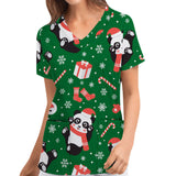 Women Christmas Floral Print Uniform Scrub Pockets Tops Work V Neck Wear Shirt