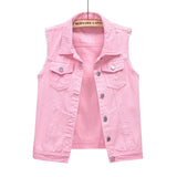 Women's Sleeveless Lapel Denim Vest Button Up Coat Jacket with Two Chest Pockets