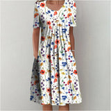 Womens Casual Swing Midi Dresses Floral Print Loose Ruffle Dress With Pockets