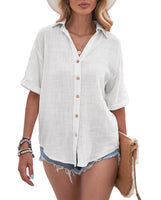 Women Loose Solid Color Tee Shirt Ladies Basic T-shirt Short Sleeve Vacation Roll Casual Blouse