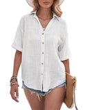 Women Loose Solid Color Tee Shirt Ladies Basic T-shirt Short Sleeve Vacation Roll Casual Blouse