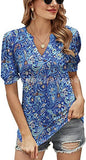 Lumento Women Sexy V Neck T Shirt Casual Summer Floral Print Tunic Tops Blouse