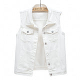 Women's Sleeveless Lapel Denim Vest Button Up Coat Jacket with Two Chest Pockets