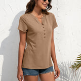 Women Solid Short Sleeve T-Shirt Summer V Neck Blouse Button Tops Casual Pullover Tunic