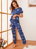 Women Short Sleeve Tops+Pants Round Neck Loungewear Sleepwear Outfit Graphic Print Pajama Set