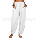 Women Solid Color Loose Cotton Linen Casual Pants Wide Leg Trouser with Pockets
