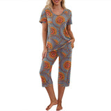 Women Floral Pajama Set Sleepwear Tops with Capri Pants Outfits Ladies Summer Comfy Sleep Nightshirt PJS Set