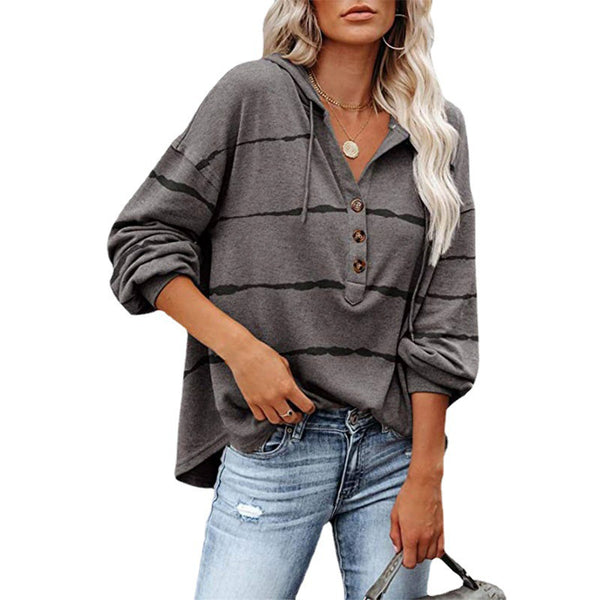 Women Casual V Neck Loose Long Sleeve Shirt Button Stripe Top Blouse Sweatshirt