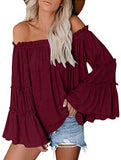 Women's Solid Color Casual Long Bell Sleeve Off Shoulder Pullover Tops T Shirts