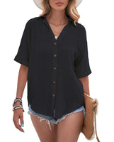Women Loose Solid Color Tee Shirt Ladies Basic T-shirt Short Sleeve Vacation Roll Casual Blouse