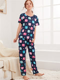 Women Short Sleeve Tops+Pants Round Neck Loungewear Sleepwear Outfit Graphic Print Pajama Set