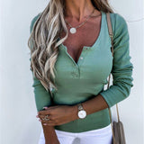 Women Slim Low V Neck T-Shirt Casual Long Sleeve Top Lady Button Basic Blouse