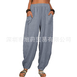 Women Solid Color Loose Cotton Linen Casual Pants Wide Leg Trouser with Pockets