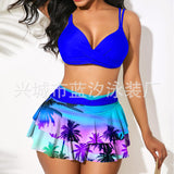 XS-XXL Women's Two Piece Swimsuit Bikini Set Summer Coconut Tree Prints Swimwear High Waist Tankini Double Suspenders Bra Tops+ Swimdress Bottoms Bathing Suits