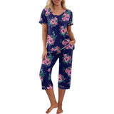 Women Floral Pajama Set Sleepwear Tops with Capri Pants Outfits Ladies Summer Comfy Sleep Nightshirt PJS Set