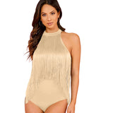 Womens Fringe Trim Sleeveless Bodycon Halter Bodysuit Top