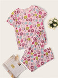 Women Short Sleeve Tops+Pants Round Neck Loungewear Sleepwear Outfit Graphic Print Pajama Set