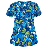 Women's Floral Printed V-Neck Tops Short Sleeve Pockets Casual T-Shirt Blouse