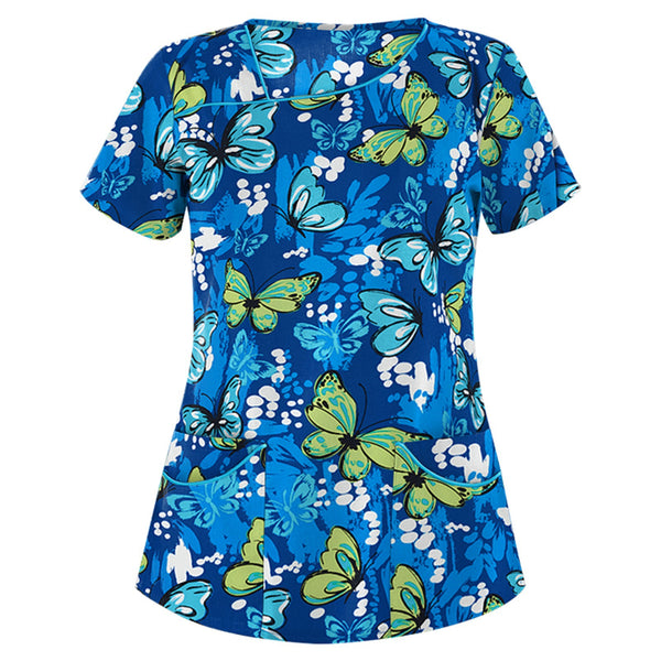 Women's Floral Printed V-Neck Tops Short Sleeve Pockets Casual T-Shirt Blouse