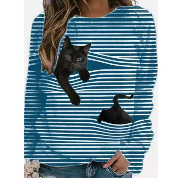 Women 3D Animal Patterns Stripes Design Long Sleeve T-shirt Crew Neck Loose Tops