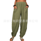 Women Solid Color Loose Cotton Linen Casual Pants Wide Leg Trouser with Pockets