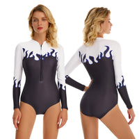 White Women Zipper Front Wetsuit Swimsuit Long Sleeve One-piece Bathing Suit UV Sun Protection Surfing Swimwear Tummy Control Diving Beachwear