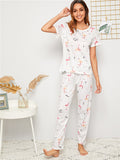Women Short Sleeve Tops+Pants Round Neck Loungewear Sleepwear Outfit Graphic Print Pajama Set