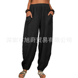 Women Solid Color Loose Cotton Linen Casual Pants Wide Leg Trouser with Pockets