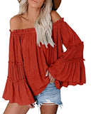 Women's Solid Color Casual Long Bell Sleeve Off Shoulder Pullover Tops T Shirts