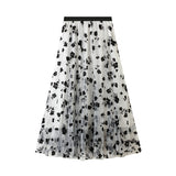 Women Mesh Embroidered A-Line Skirt Summer Casual Chic Elastic High Waist Maxi Skirt