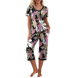 Women Floral Pajama Set Sleepwear Tops with Capri Pants Outfits Ladies Summer Comfy Sleep Nightshirt PJS Set