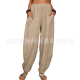 Women Solid Color Loose Cotton Linen Casual Pants Wide Leg Trouser with Pockets