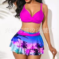 XS-XXL Women's Two Piece Swimsuit Bikini Set Summer Coconut Tree Prints Swimwear High Waist Tankini Double Suspenders Bra Tops+ Swimdress Bottoms Bathing Suits