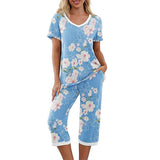 Women Floral Pajama Set Sleepwear Tops with Capri Pants Outfits Ladies Summer Comfy Sleep Nightshirt PJS Set