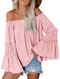Women's Solid Color Casual Long Bell Sleeve Off Shoulder Pullover Tops T Shirts