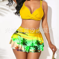 XS-XXL Women's Two Piece Swimsuit Bikini Set Summer Coconut Tree Prints Swimwear High Waist Tankini Double Suspenders Bra Tops+ Swimdress Bottoms Bathing Suits