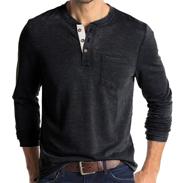 Men's Solid Color Chest Pocket Long Sleeve Button Round Neck Bottoming T-shirt